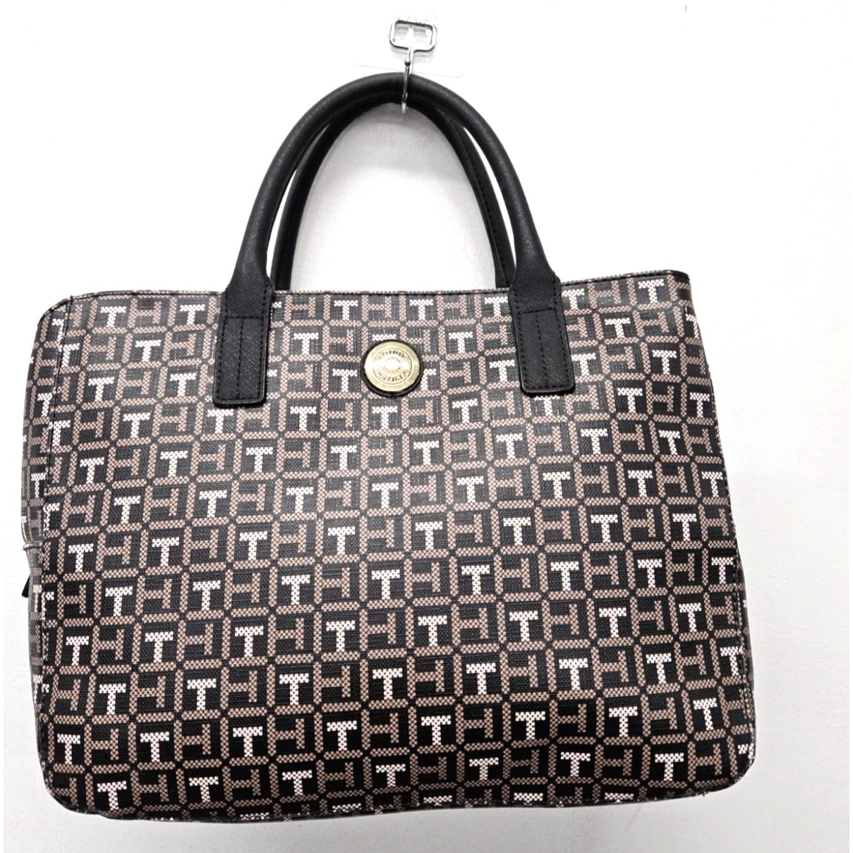 Tommy Hilfiger Patterned Brown/Beige Handbag With Dual Handles & Zipper Closure